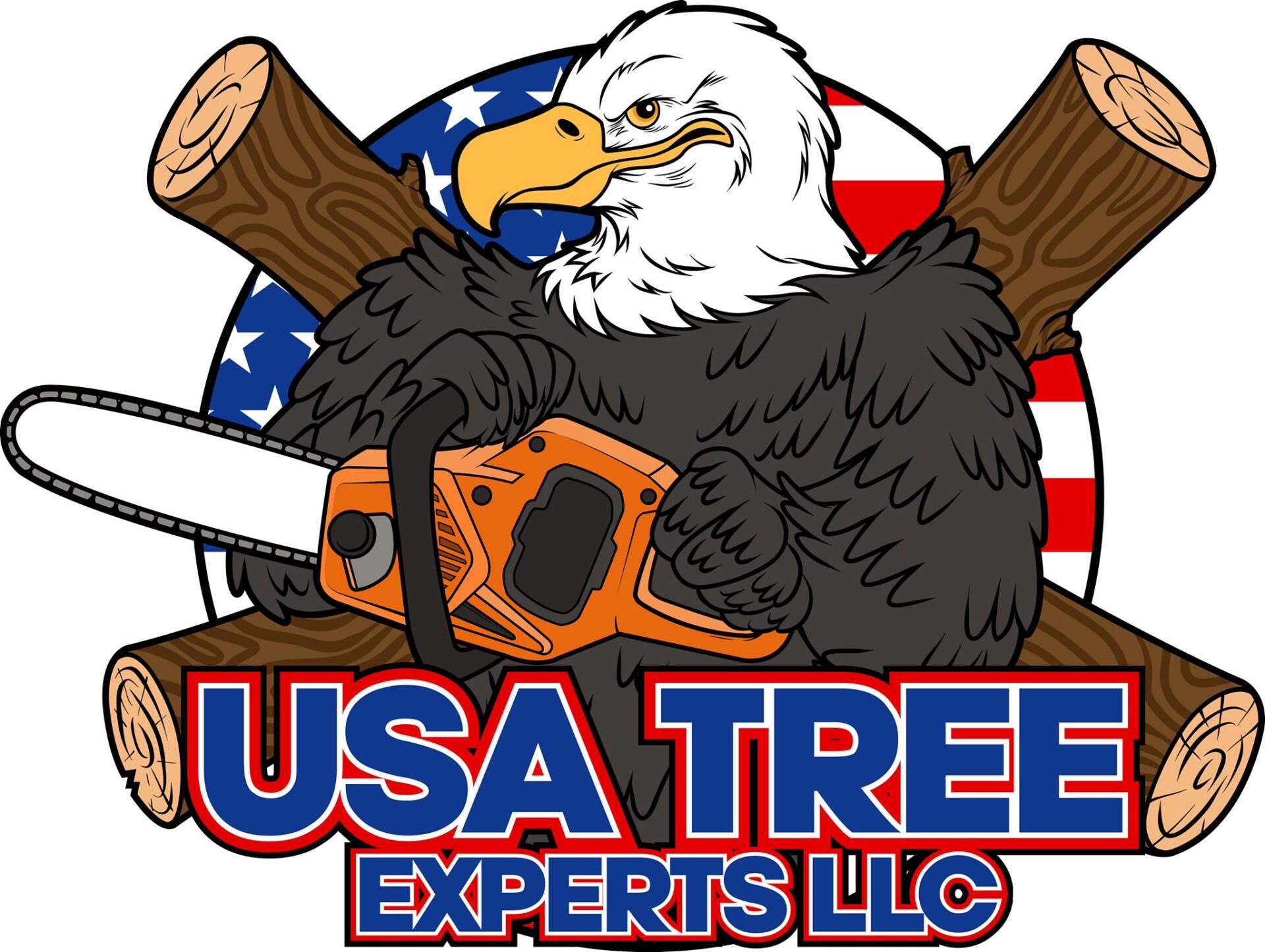 USA Tree Experts logo featuring an eagle, American flag, and professional tree service branding